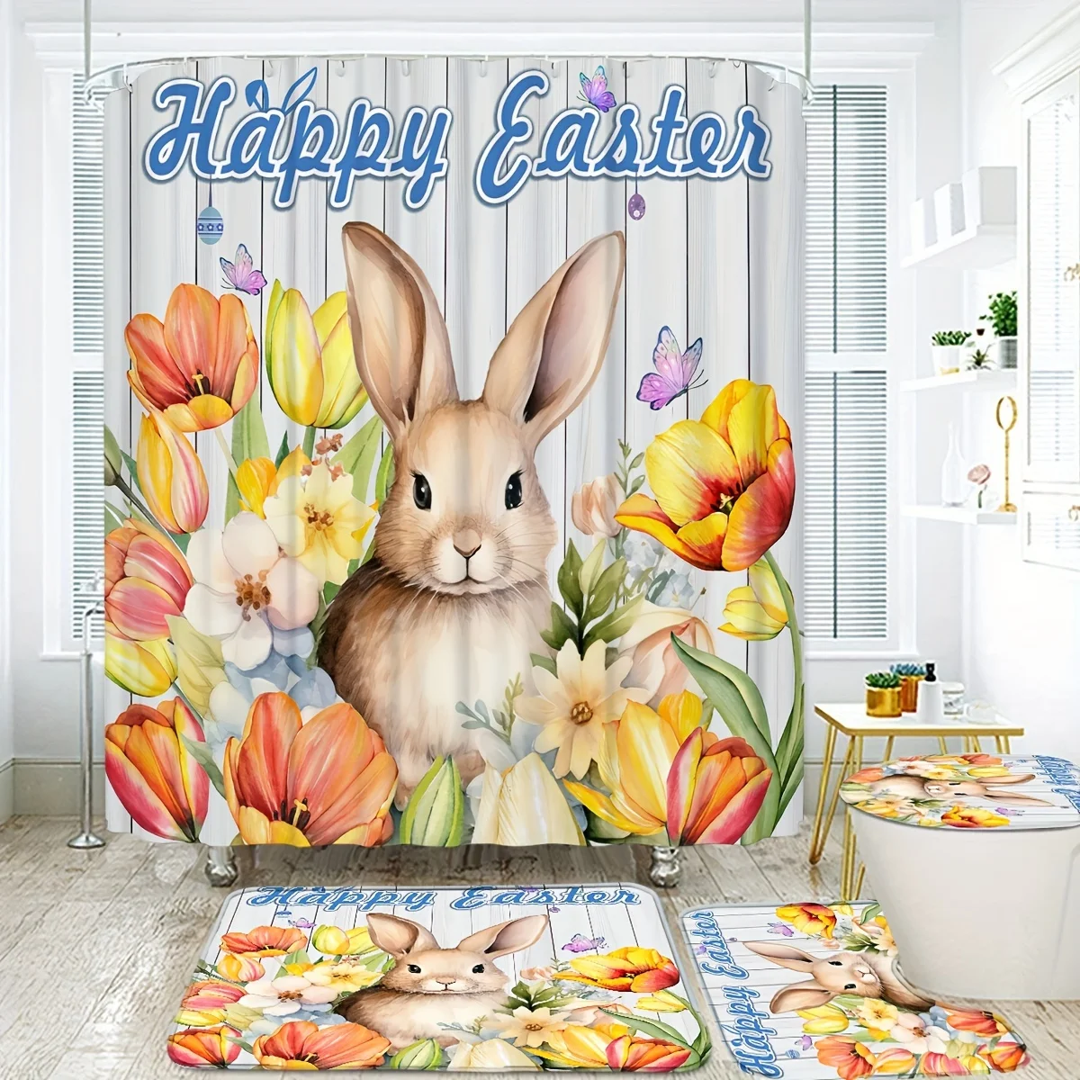 Bamboo Bath Mat - 4-teiliges Duschvorhang-Set mit niedlichem Kaninchen-Ostern-Muster, wasserdichter