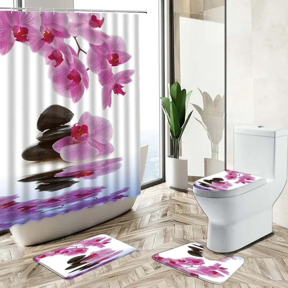 Bamboo Bath Mat - Duschvorhang mit Orchideen-Motiv, Grün-Bambus-Stein-Wasserreflexion, Spa-Heimdekoration, Rutschfester